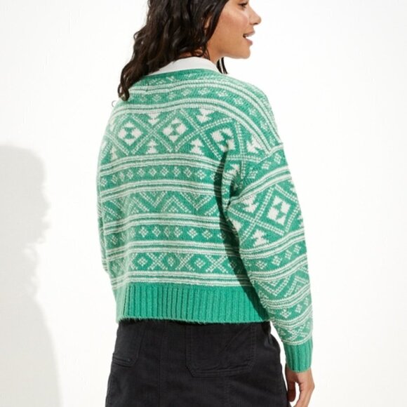 American Eagle Nordic Chunky Knit Pullover Sweater Green White S - Picture 2 of 14